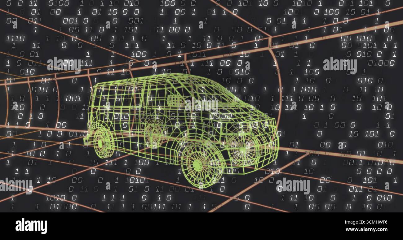 Rotating green wireframe van gliding through orange grid tunnel, with floating white binary digits Stock Photo