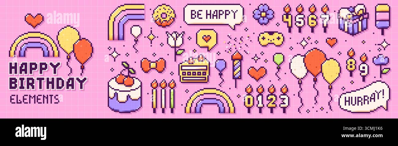 Pixel Y2K Happy birthday elements. Cute color icons on pink checkered background. Stock Vector