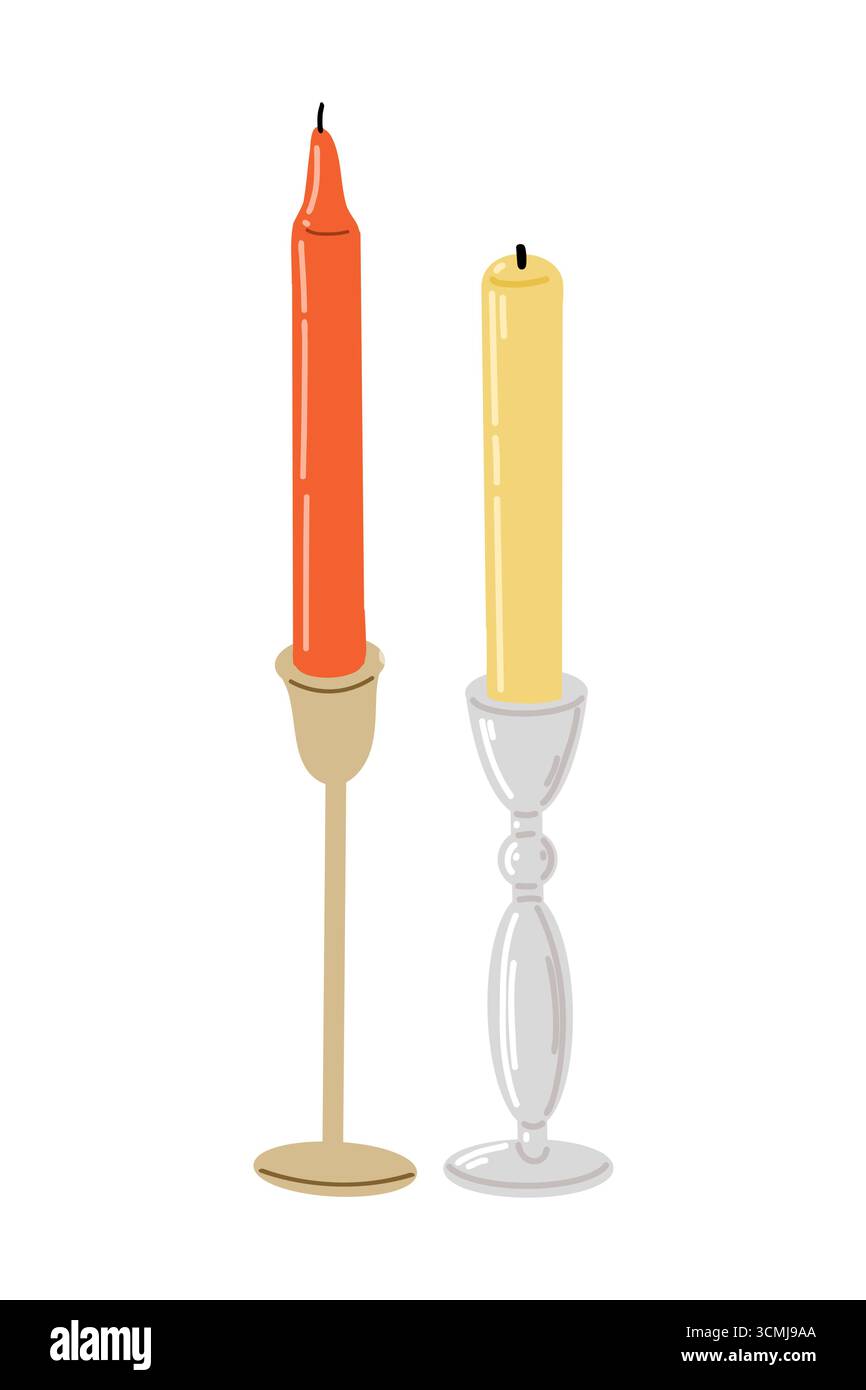 Burning Red And Yellow Candles In Candlesticks Stock Vector