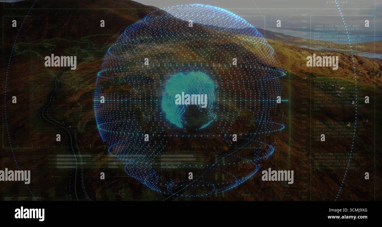Projecting holographic globe spinning over rocky valley, with UI panels ...