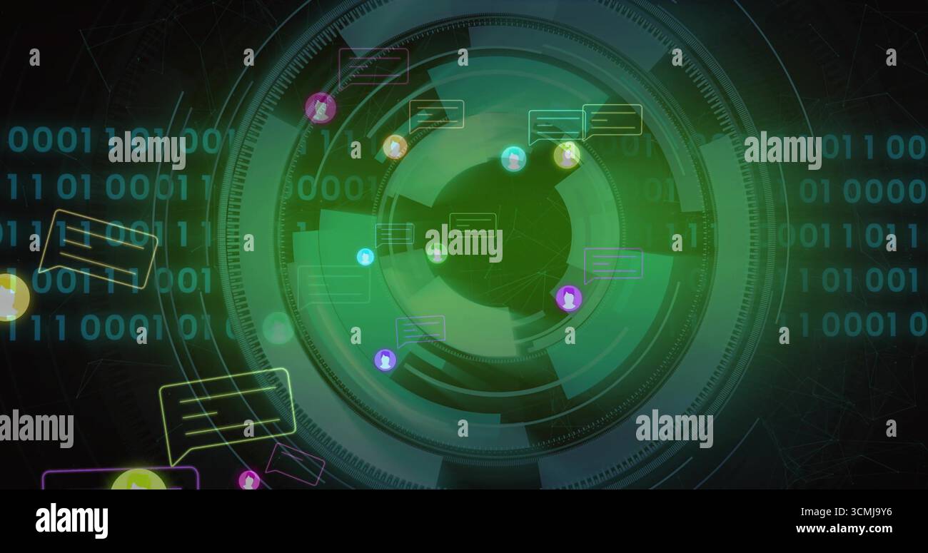 Displaying central green HUD in data dashboard, with chat bubbles, binary streams and network lines Stock Photo