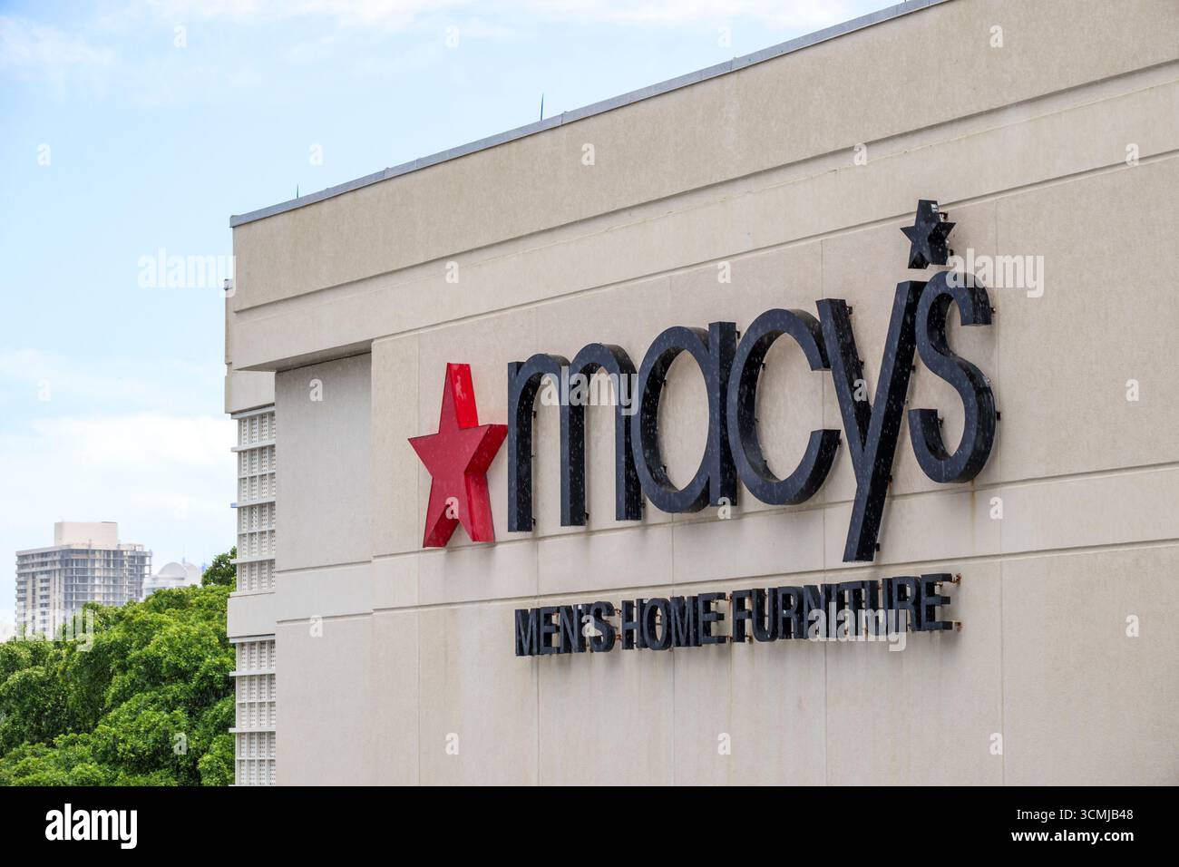Aventura Mall Miami Florida,Macy's Men's Home Furniture,department store shopping,exterior building facade,red star Macy's logo,black lettering retail Stock Photo