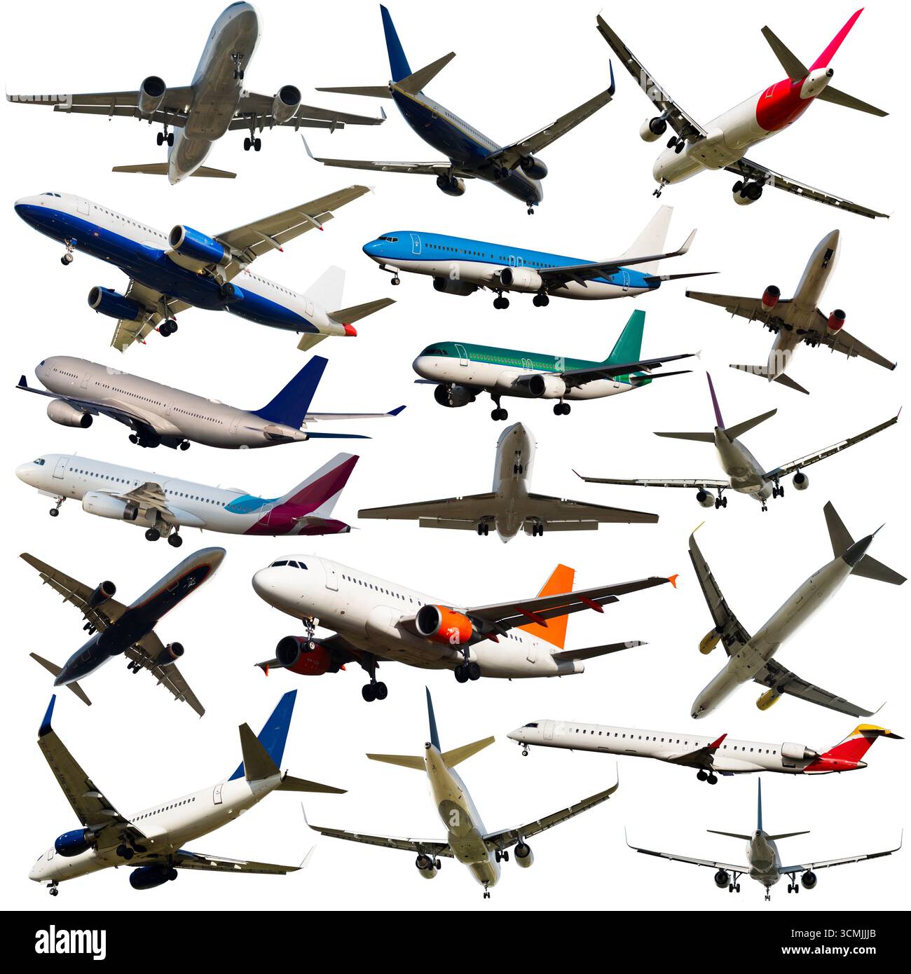 Airplanes flying, collection isolated on white background Stock Photo