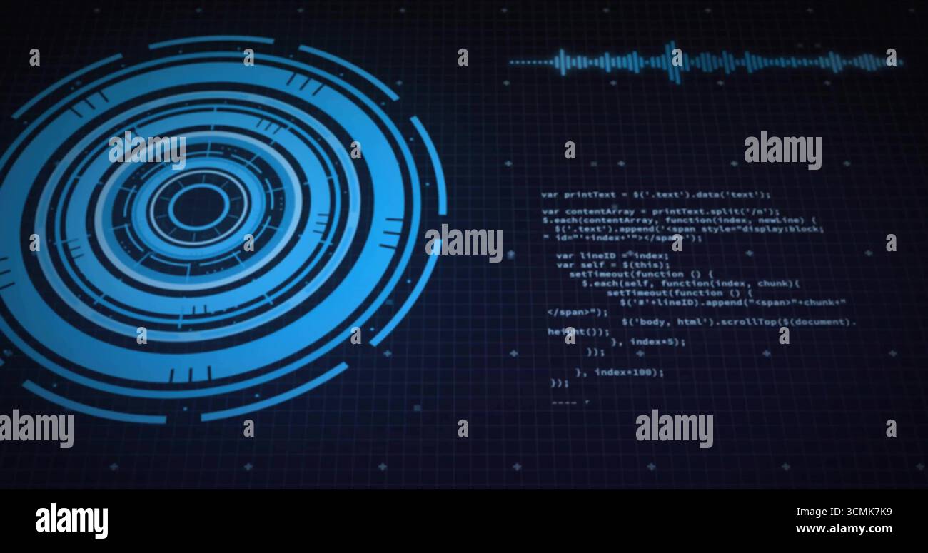 Displaying HUD graphic rotating over dark grid, JavaScript code snippet, waveform, copy space Stock Photo