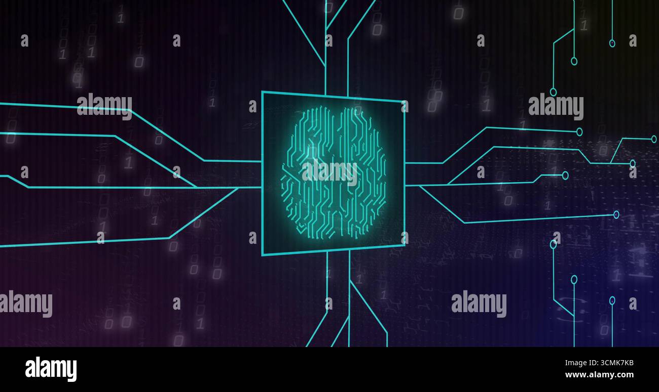 Glowing square frame showing turquoise brain circuit emitting paths in cyberspace with binary code Stock Photo