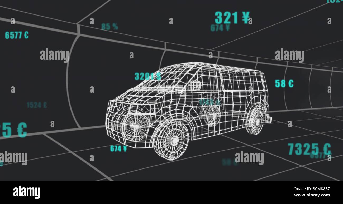 Displaying wireframe cargo van model within grid tunnel, with floating numeric currency symbols Stock Photo