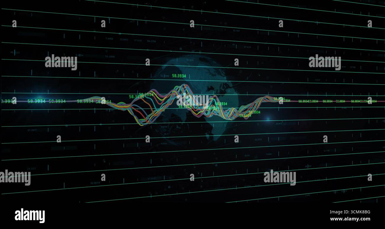 Waveform graph fluctuating on dashboard screen, with grid lines, globe and numeric labels Stock Photo
