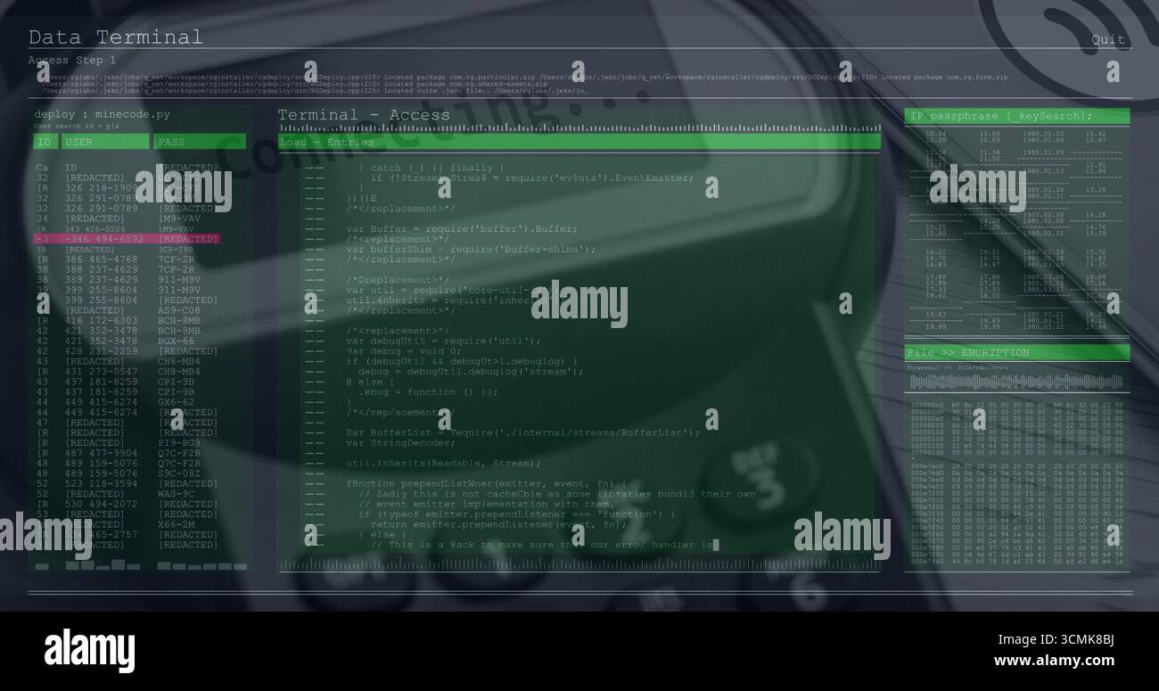 Displaying green-tinted terminal interface over dim desk, showing code ...