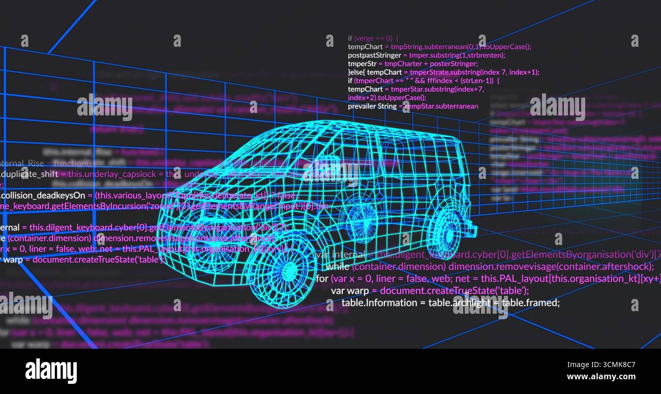 Displaying wireframe van model rotating within virtual 3D workspace, with floating code blocks Stock Photo