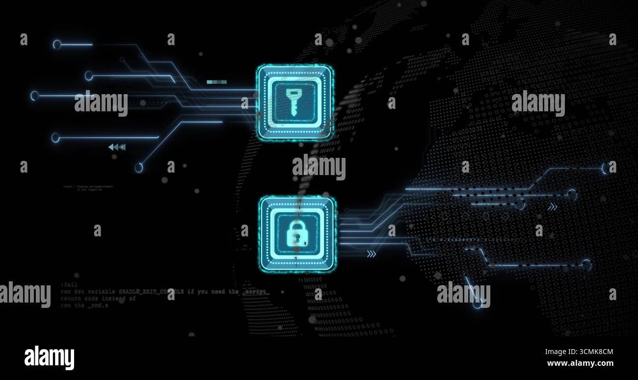 Displaying turquoise key and padlock icons linking circuits in security screen, binary map patterns Stock Photo