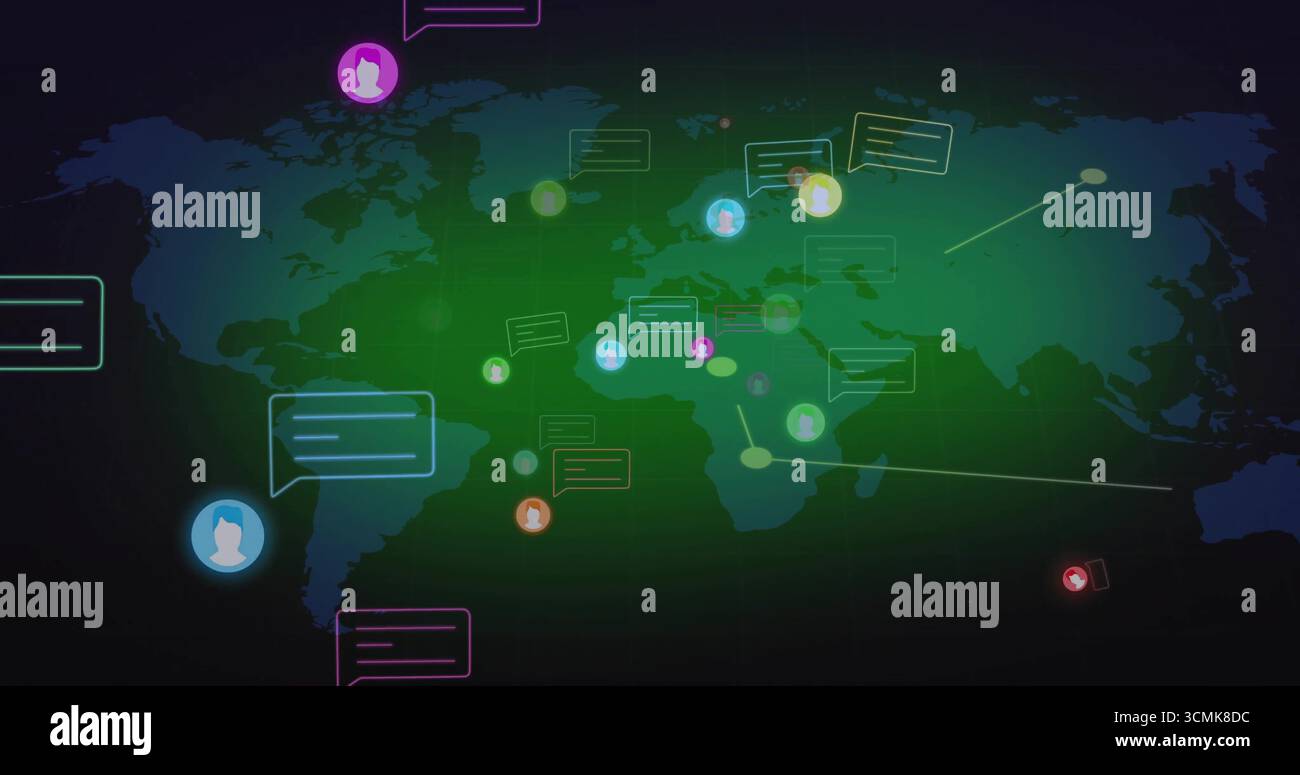 Displaying world map on screen, featuring speech bubbles, avatar icons, glowing connection lines Stock Photo