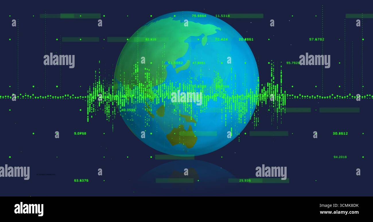 Displaying 3D globe pulsating with green waveform on dashboard, numeric labels and dot clusters Stock Photo