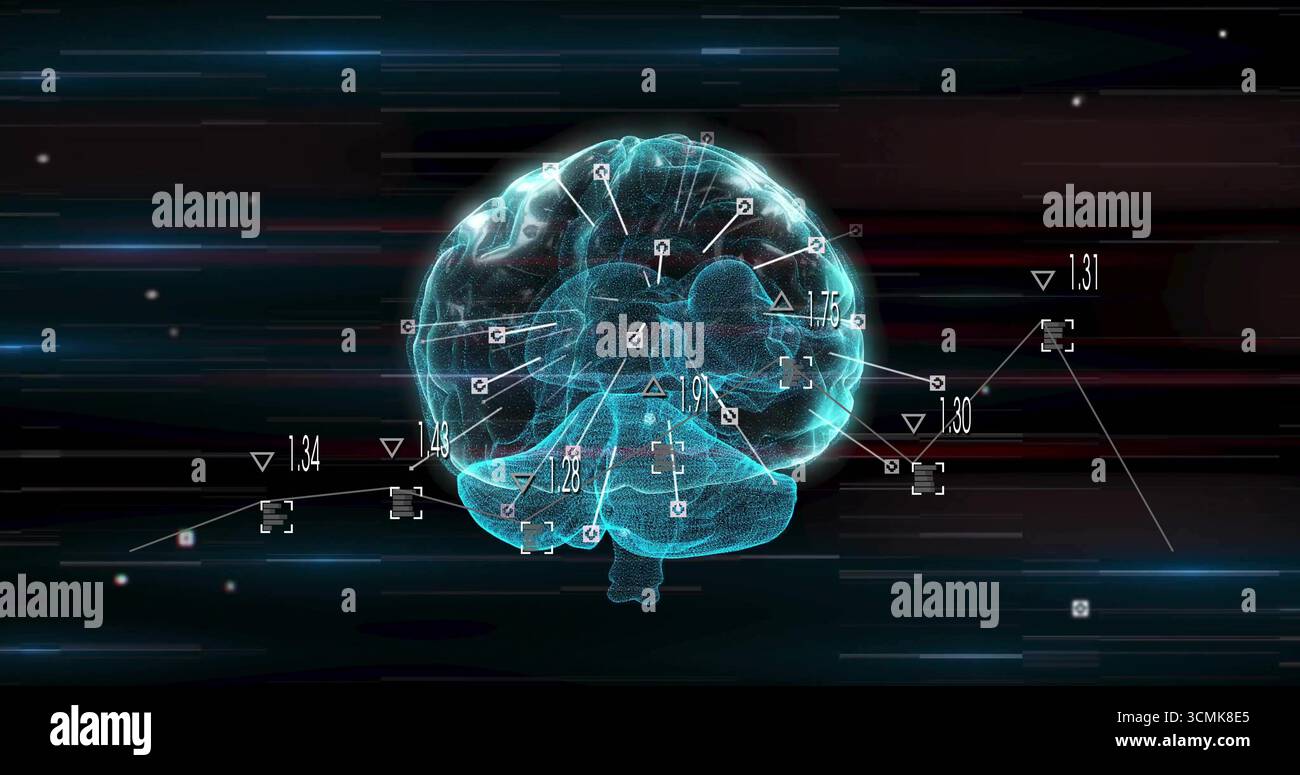 Displaying blue wireframe brain model in digital interface, showing pointers and numeric labels Stock Photo