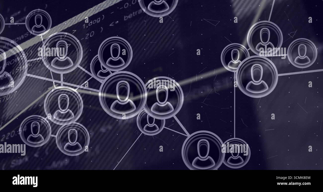 Displaying user-profile icons connecting with lines over dark code UI, diagonal line, code snippets Stock Photo
