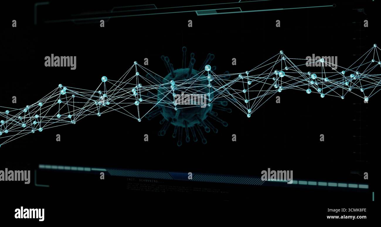 Displaying virus particle overlaying glowing node network on analysis dashboard with UI elements Stock Photo
