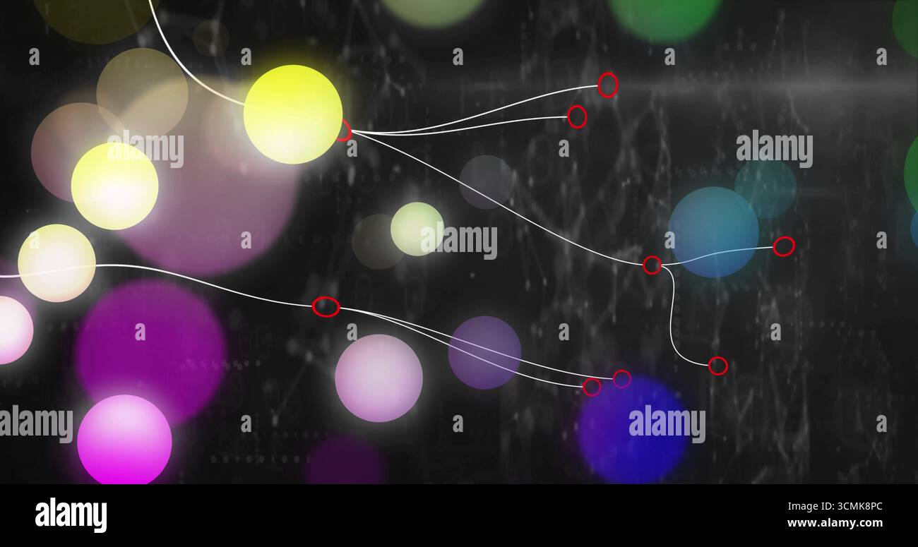Displaying virtual data visualization showing colored orbs connecting by white lines and red nodes Stock Photo