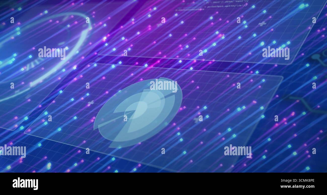 Displaying circular radar widget floating within neon grid, with particles streaming as neon trails Stock Photo