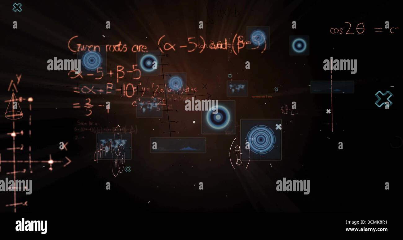 Rendering math panel in virtual space, showing glowing equations, grids, waveform plots and targets Stock Photo