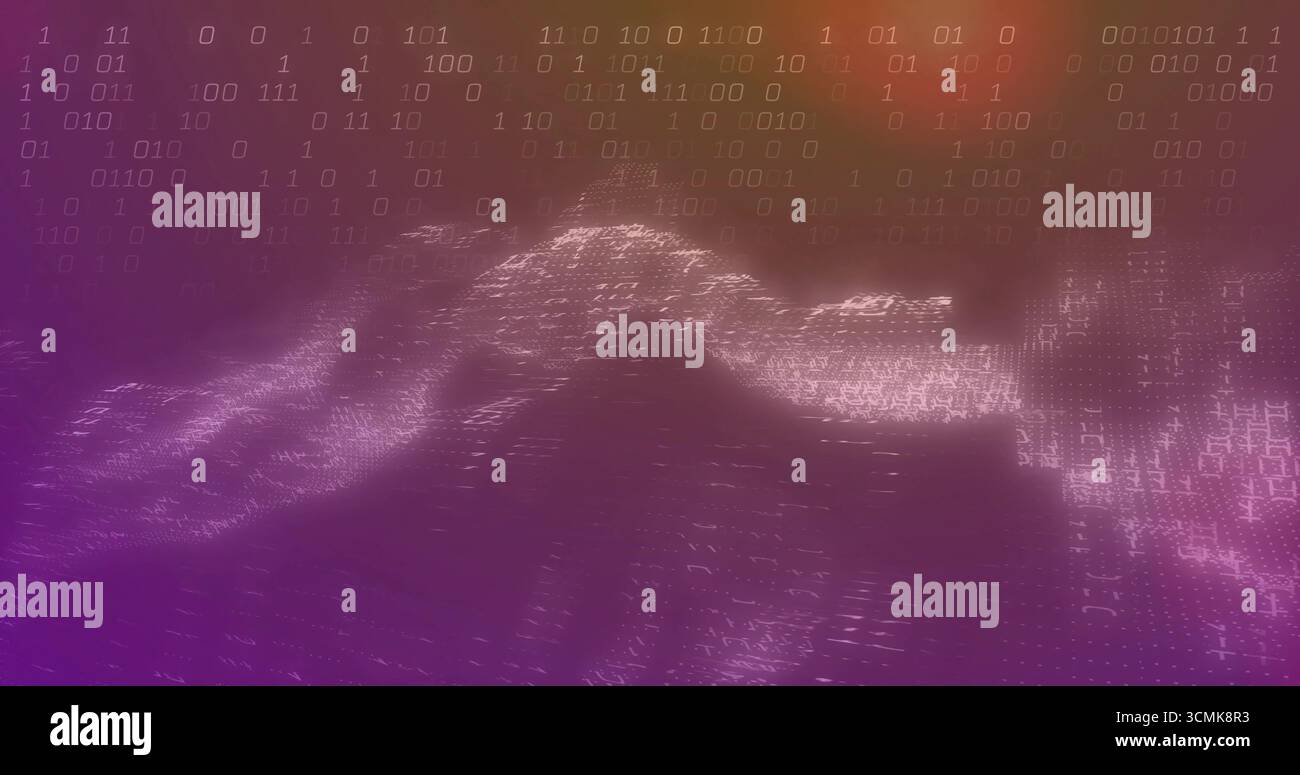 Undulating 3D digital wave shifting across data visualization space, with floating binary code Stock Photo