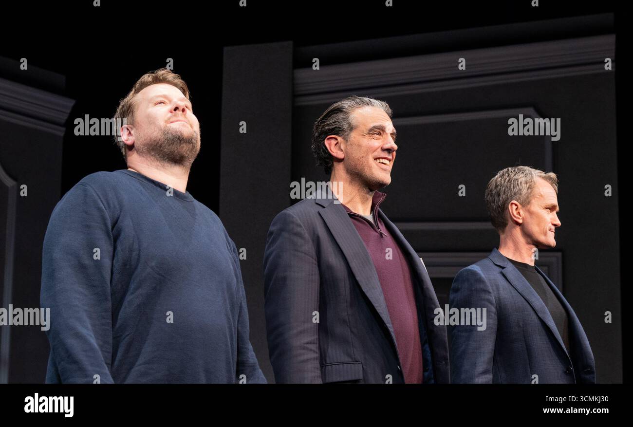 James Corden, Bobby Cannavale and Neil Patrick Harris on stage curtain