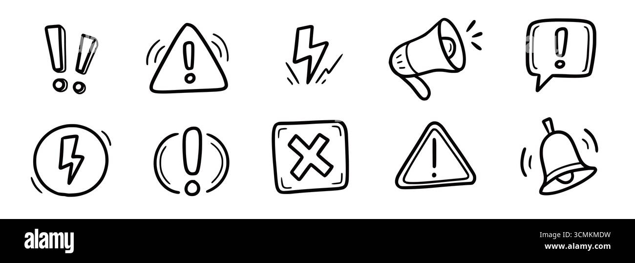 Doodle attention sign icon set. Hand drawn caution signs, warning marks ...