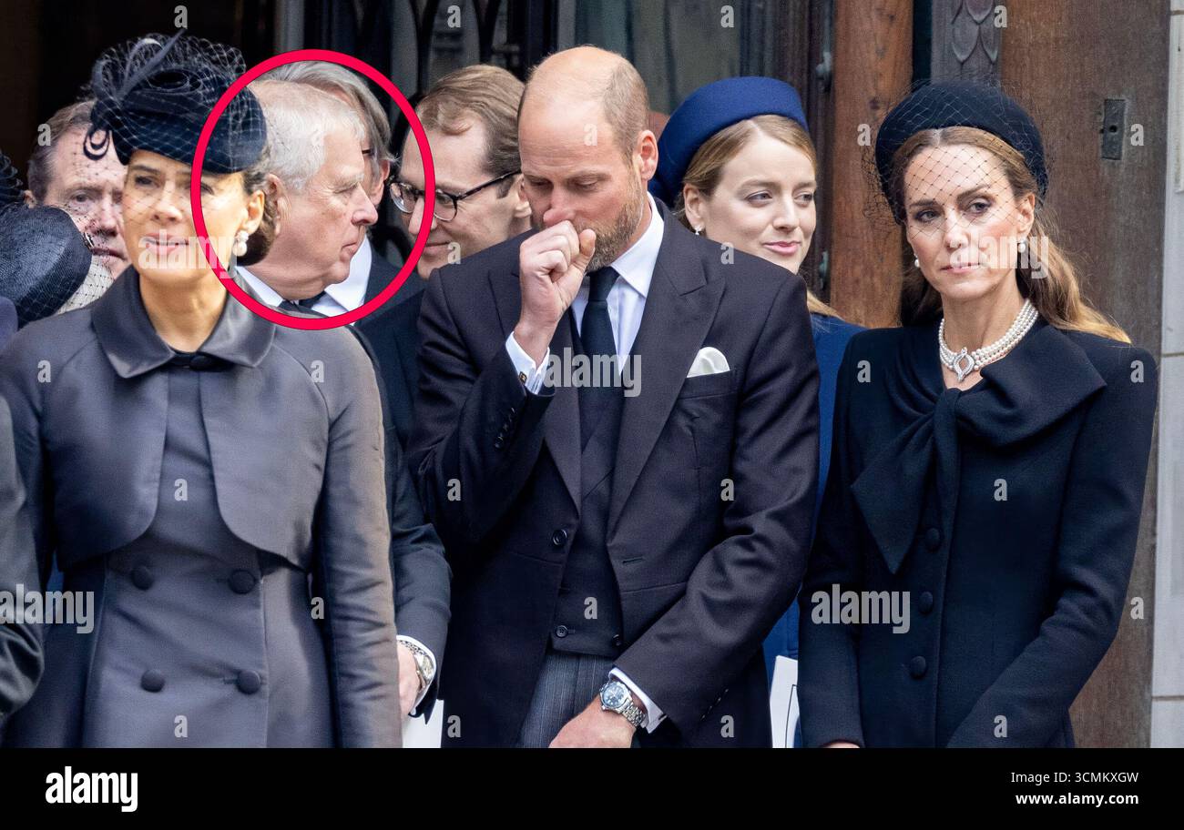 pic shows:  Funeral of Duchess of Kent 16.9.25  Prince William thumbs his nose as Prince Andrew is beside him with Princess Catherine and Sophie Winkleman left (actress    Prince and Princess of Wales Catherine and William King Charles Prince Andrew       Picture by Gavin Rodgers/ Pixel8000 Stock Photo