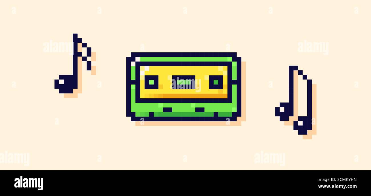 8 bit Y2K pixel color audio cassette and two notes. Stock Vector