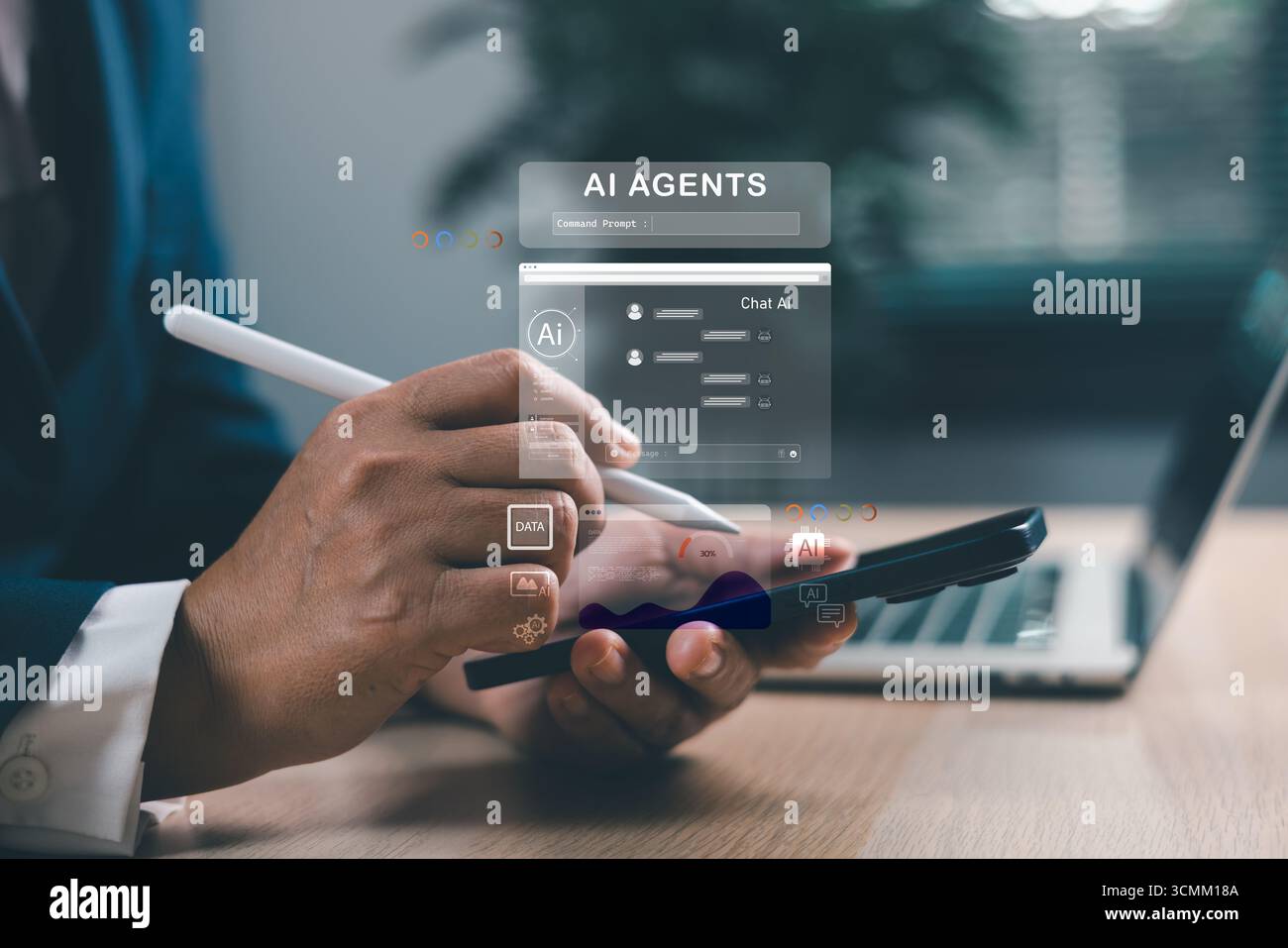 Businessman using smartphone with AI agents holographic interface. Artificial intelligence for chat, data analytics, automation and digital transforma Stock Photo