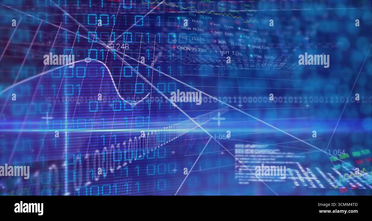 Displaying data visualization floating in grid space, with binary code and financial line graphs Stock Photo
