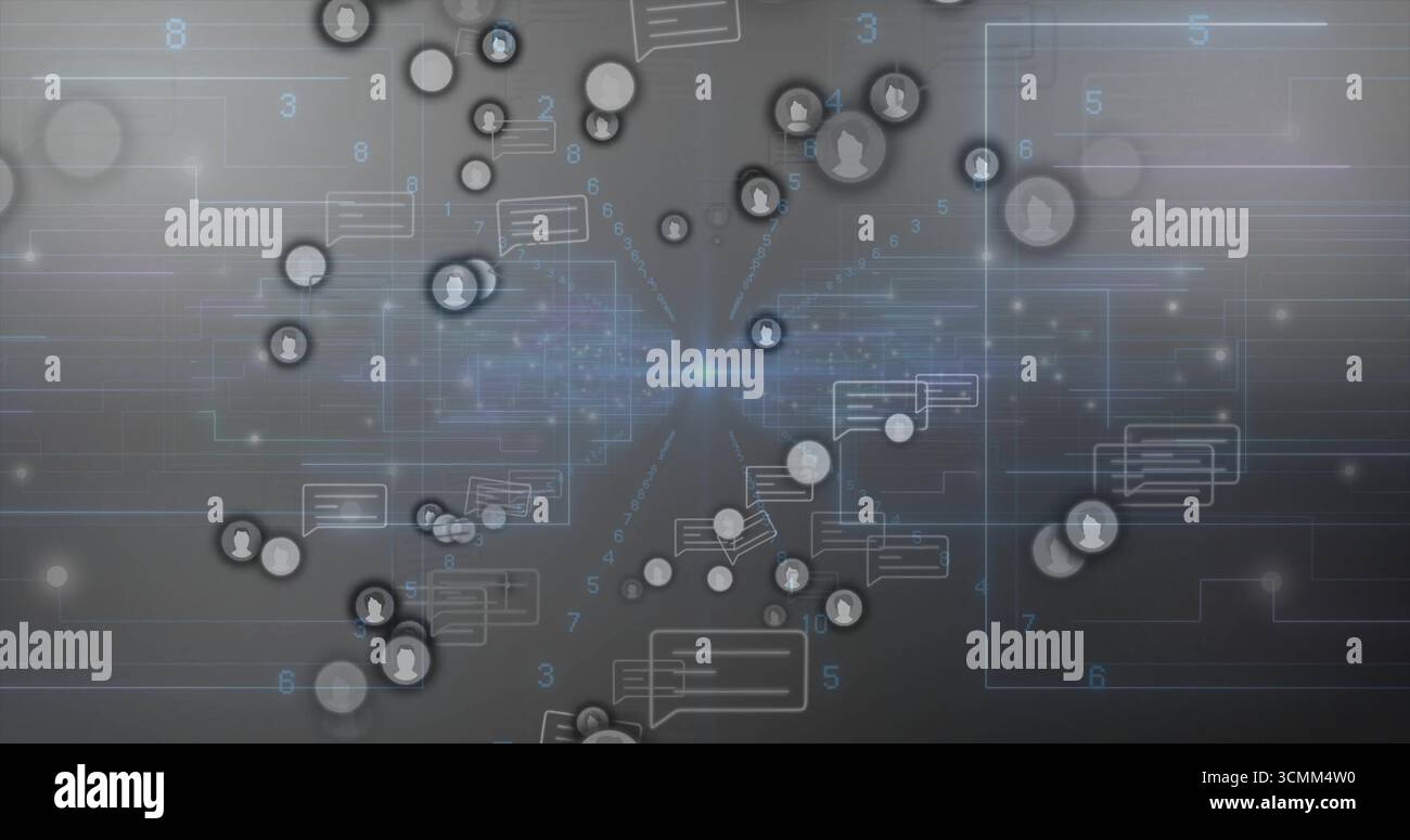 Central glow emitting blue lines connecting user icons in grid ...
