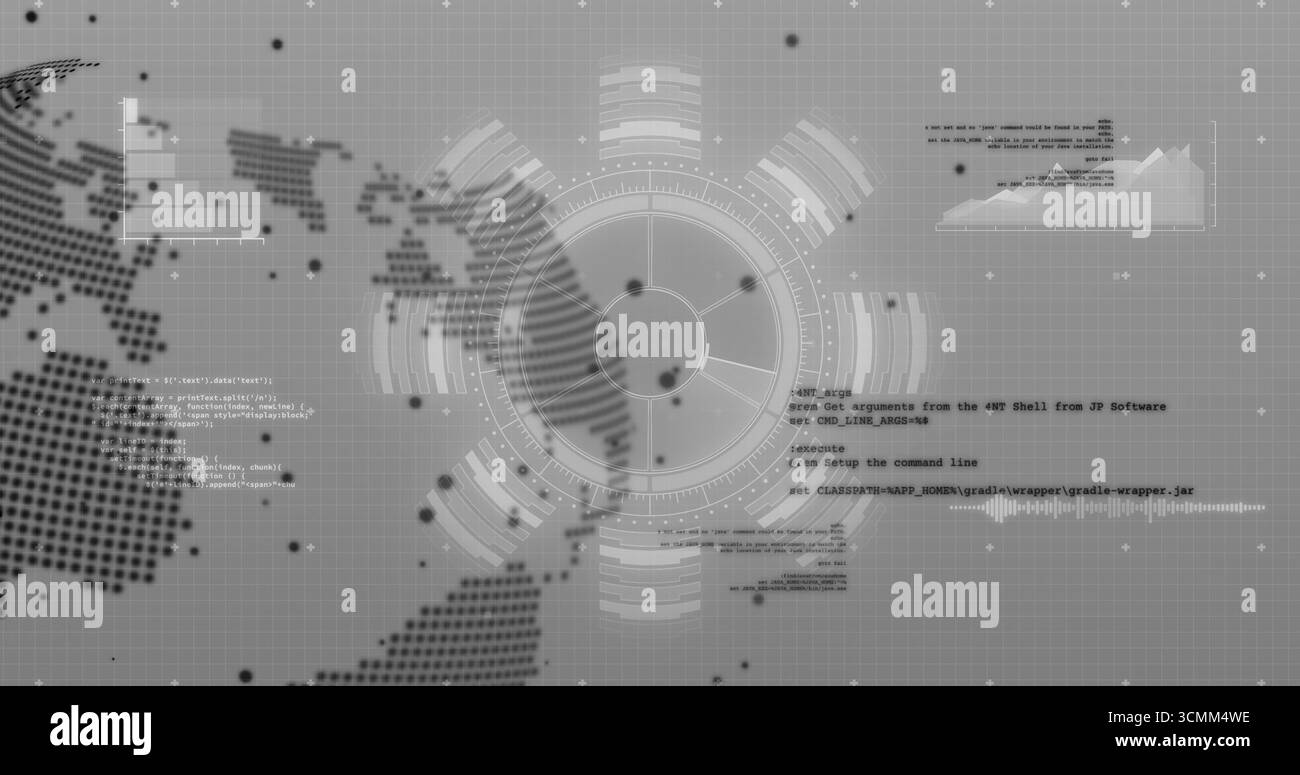 Displaying circular HUD element in virtual display, with grid background and world map patterns Stock Photo