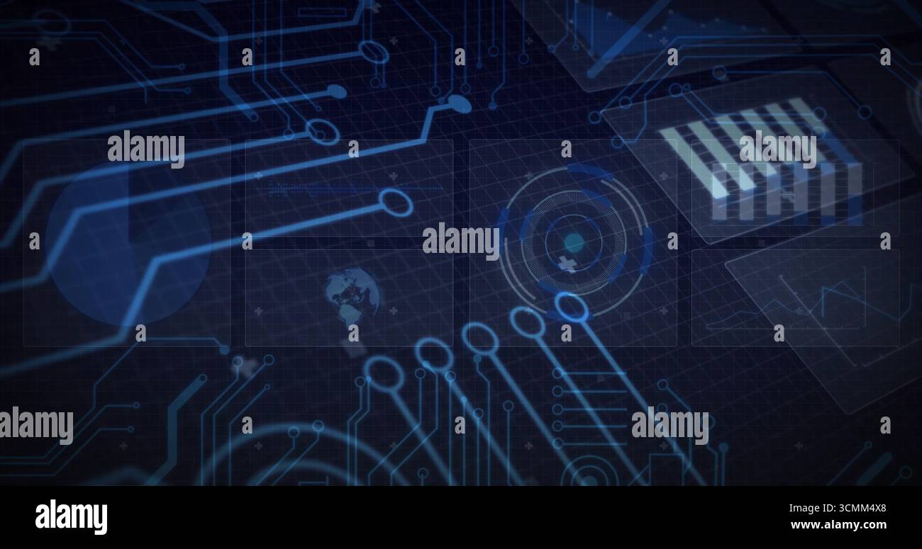 Displaying glowing circuit network highlighting UI panels on blue grid, with world map, line graph Stock Photo