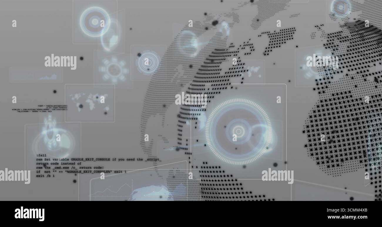 Displaying dotted globe spinning amid HUD panels in digital interface with data points, copy space Stock Photo