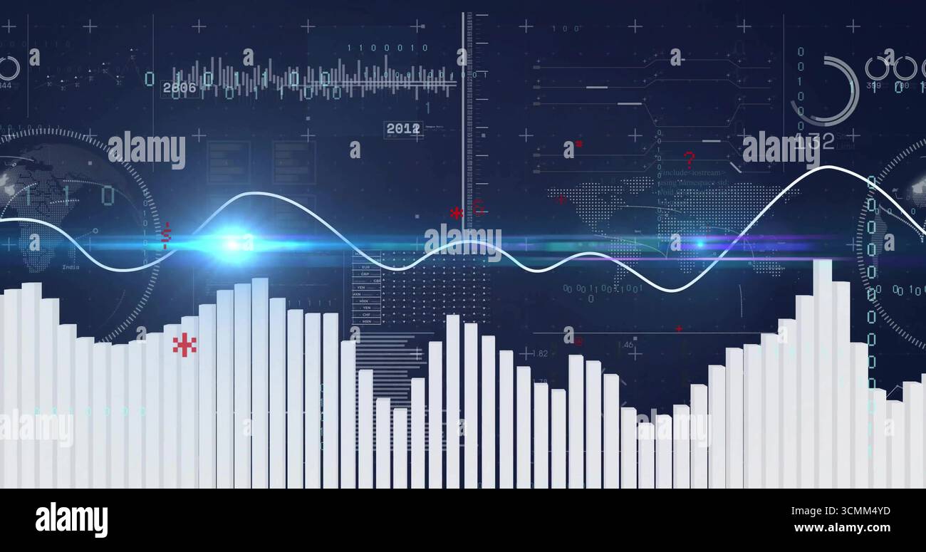 Displaying visualization interface at control hub, featuring bar chart sine wave grid lines and HUD Stock Photo