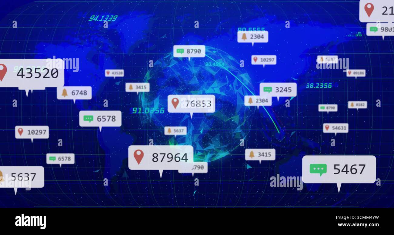 Displaying low-poly globe rotating over neon grid map, with floating pins bubbles bells data points Stock Photo