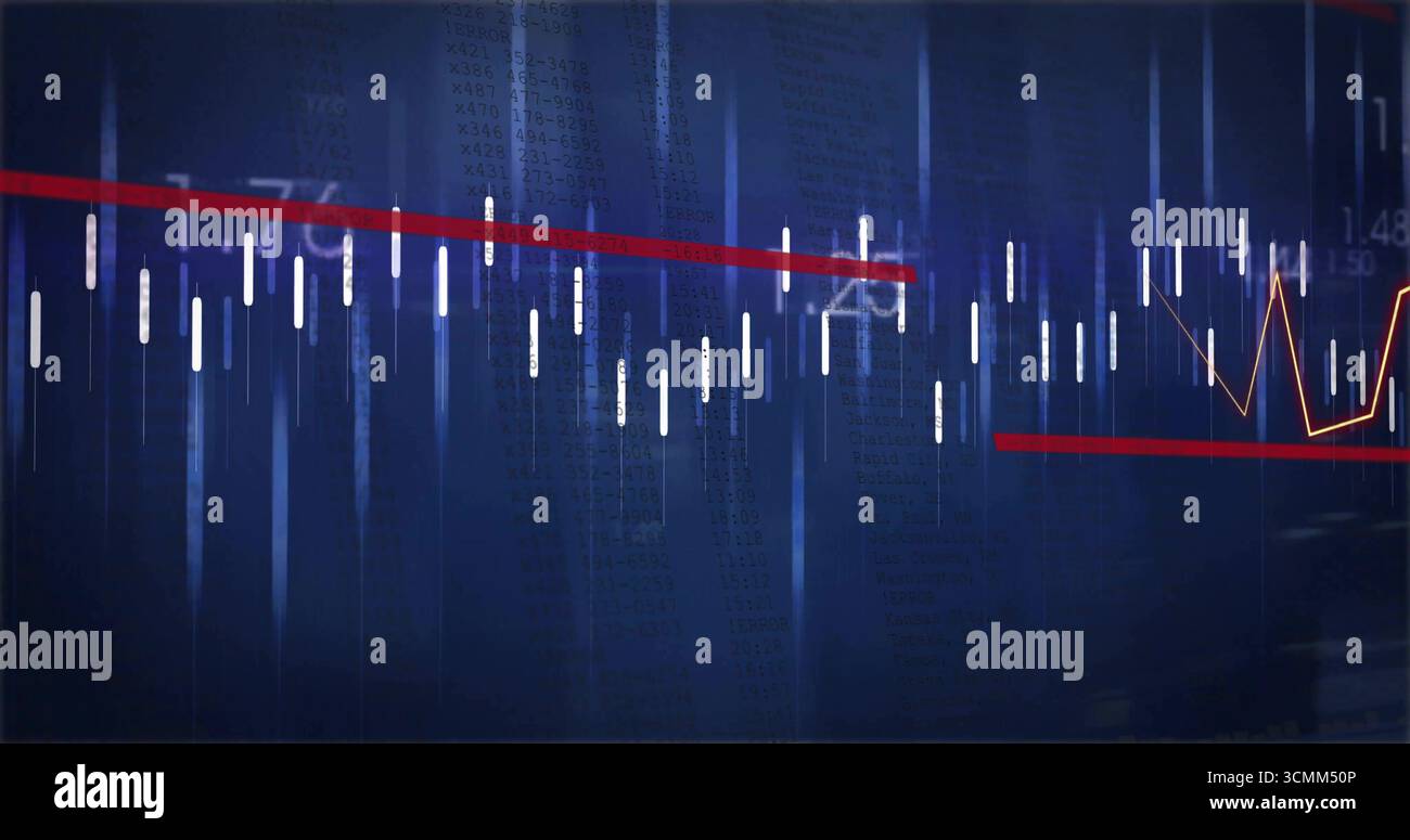 Displaying white candlestick bars on trading screen with red trendlines and orange line graph Stock Photo