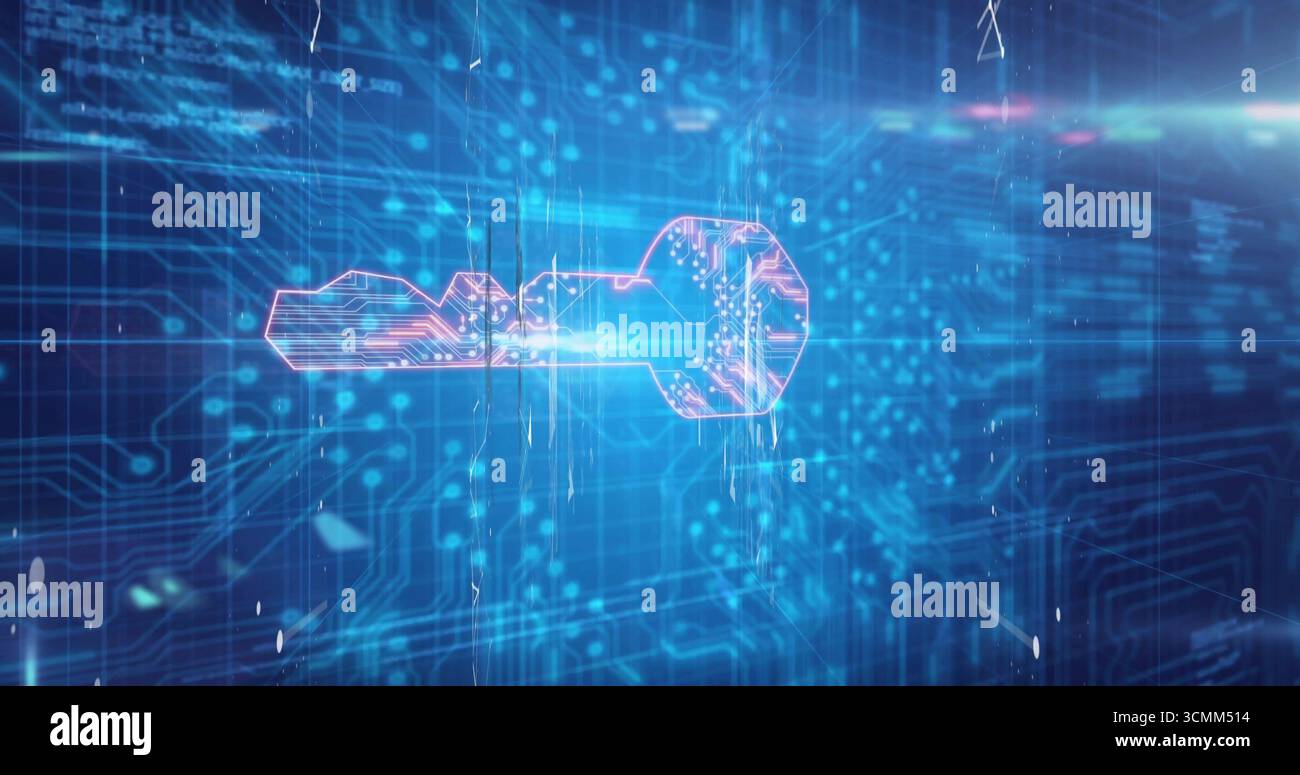 Displaying holographic key icon glowing against blue network interface, circuit traces, data nodes Stock Photo