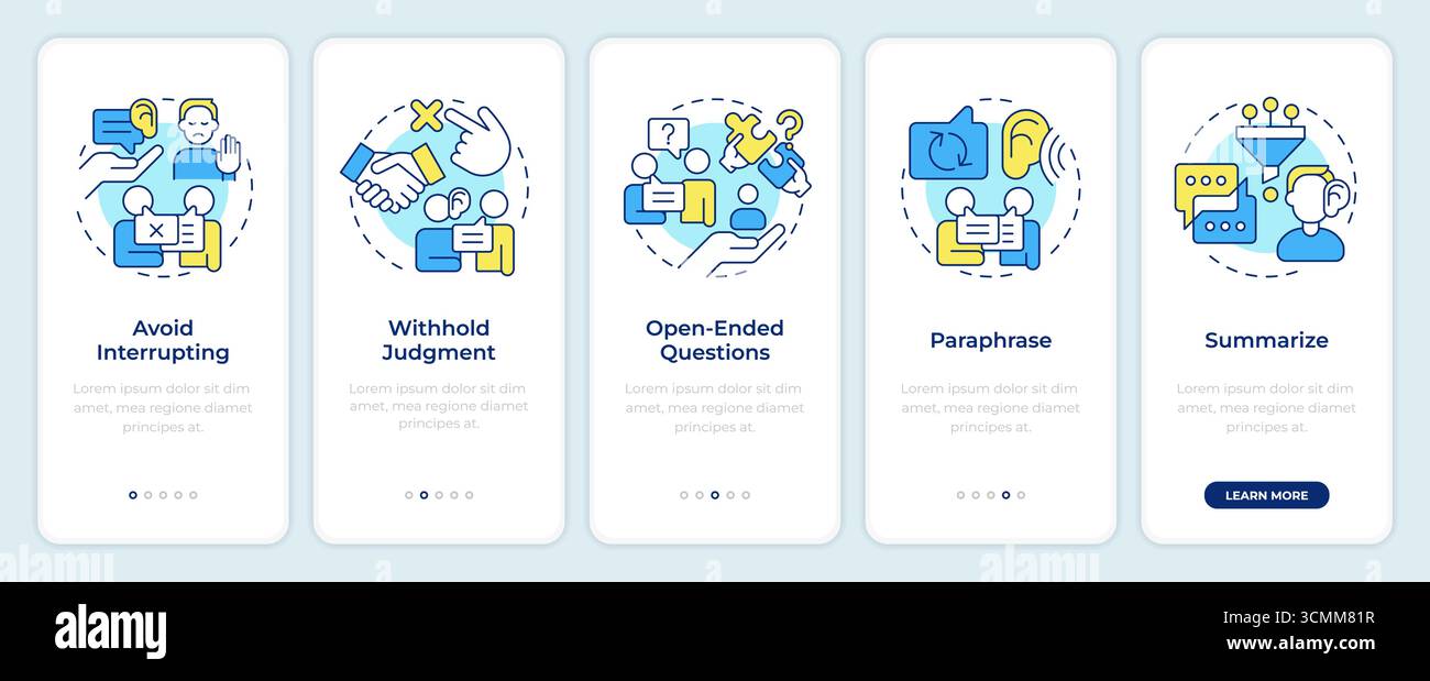 Active listening techniques onboarding mobile app screen Stock Vector