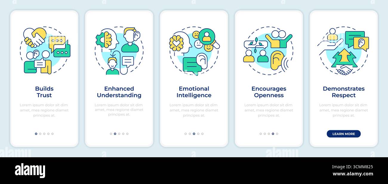 Active listening benefits onboarding mobile app screen Stock Vector