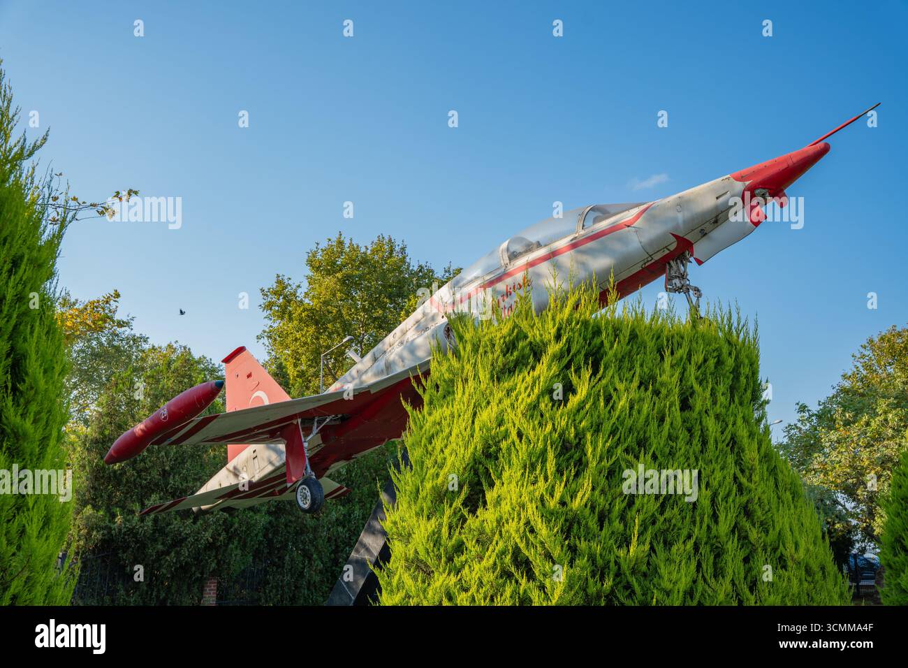 Former Turkish Stars national aerobatic team aircraft F-5 jet fighter on display at Bandirma ferry museum ship. Samsun, Turkey - August 12, 2025 Stock Photo