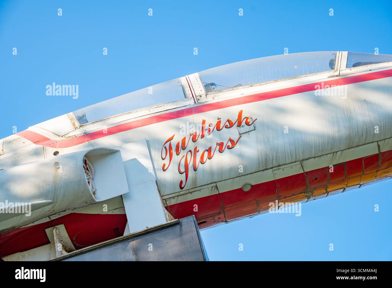 Former Turkish Stars national aerobatic team aircraft F-5 jet fighter on display at Bandirma ferry museum ship. Samsun, Turkey - August 12, 2025 Stock Photo