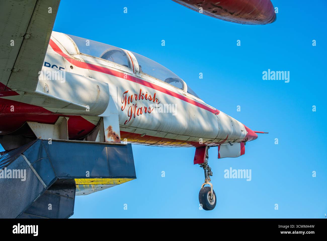 Former Turkish Stars national aerobatic team aircraft F-5 jet fighter on display at Bandirma ferry museum ship. Samsun, Turkey - August 12, 2025 Stock Photo