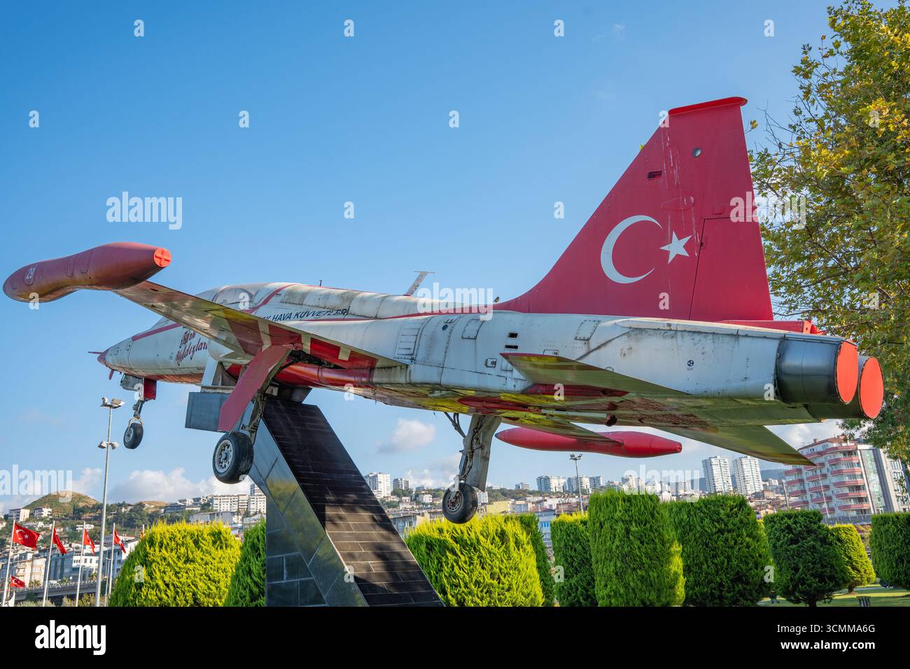 Former Turkish Stars national aerobatic team aircraft F-5 jet fighter on display at Bandirma ferry museum ship. Samsun, Turkey - August 12, 2025 Stock Photo