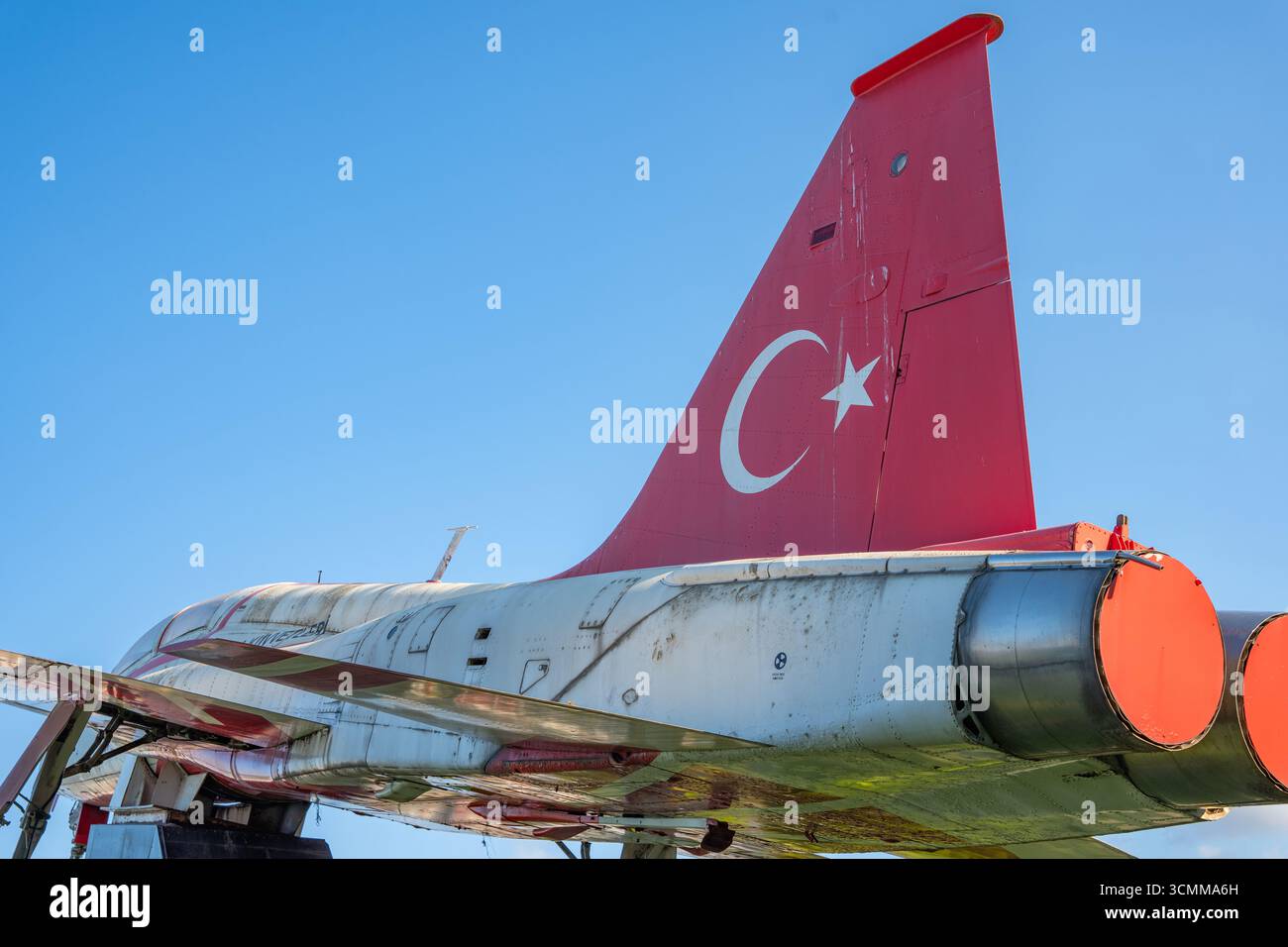 Former Turkish Stars national aerobatic team aircraft F-5 jet fighter on display at Bandirma ferry museum ship. Samsun, Turkey - August 12, 2025 Stock Photo
