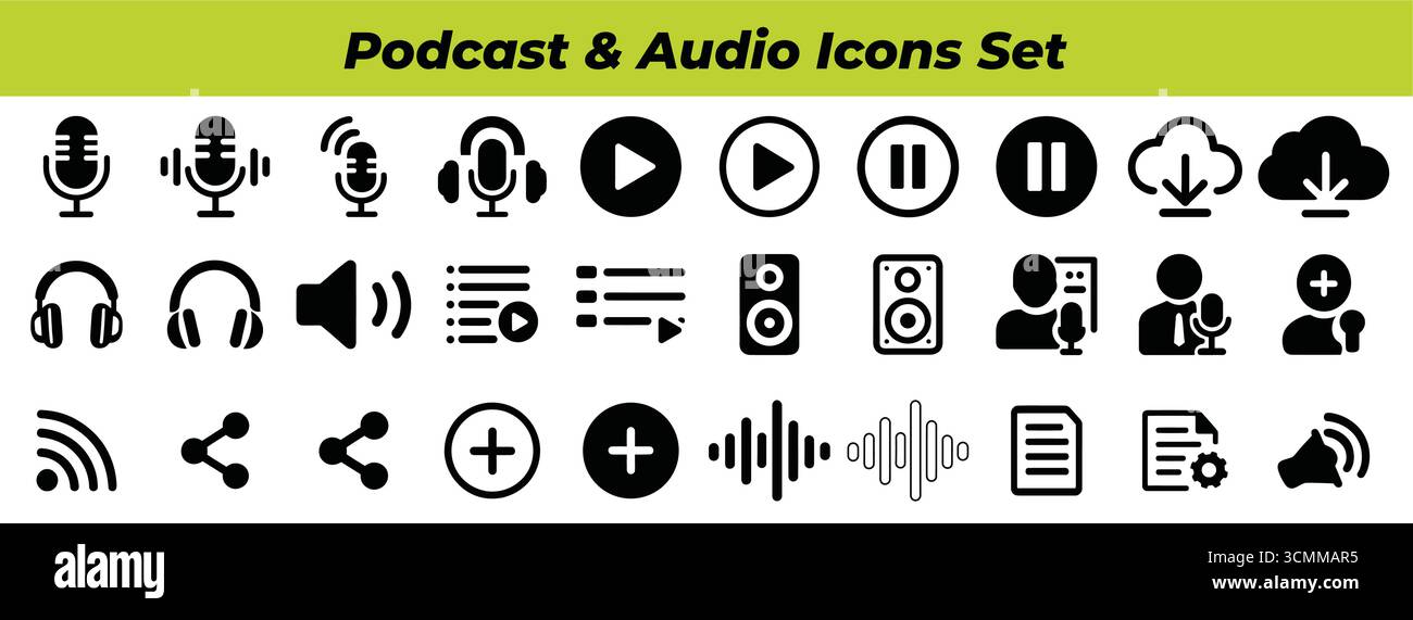 A collection of black and white podcast and audio icons displayed in rows on a white background Stock Vector