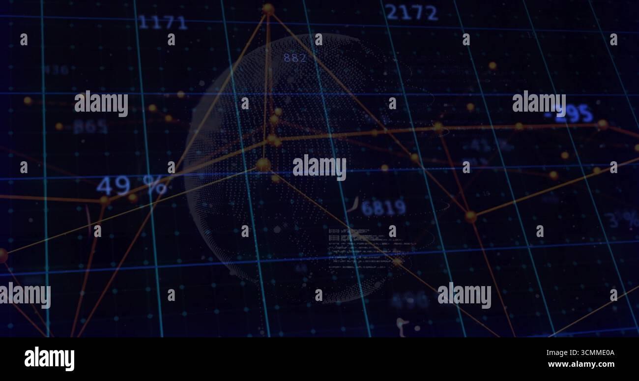 Displaying dotted 3D globe rotating in dashboard, with network lines, grid and floating data labels Stock Photo
