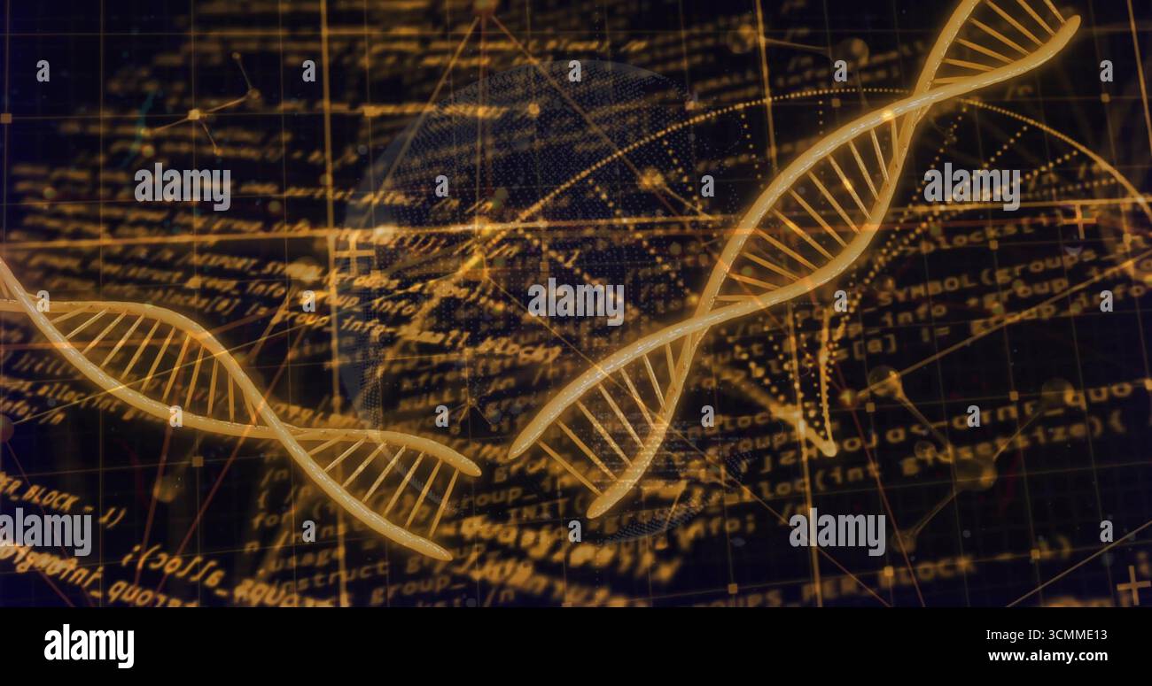 Floating golden double helix strands navigating in online grid, with code, network nodes and globe Stock Photo