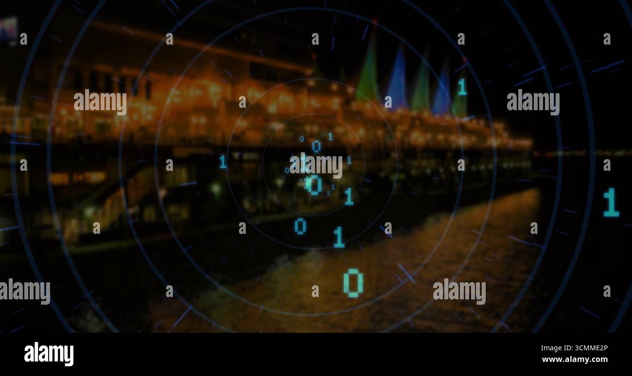 Projecting digital overlay with grid lines and binary code over lit ...