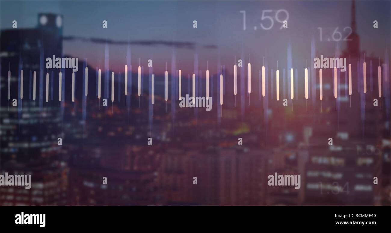 Displaying vertical data bar graph overlay over downtown skyline at dusk, with numeric labels Stock Photo