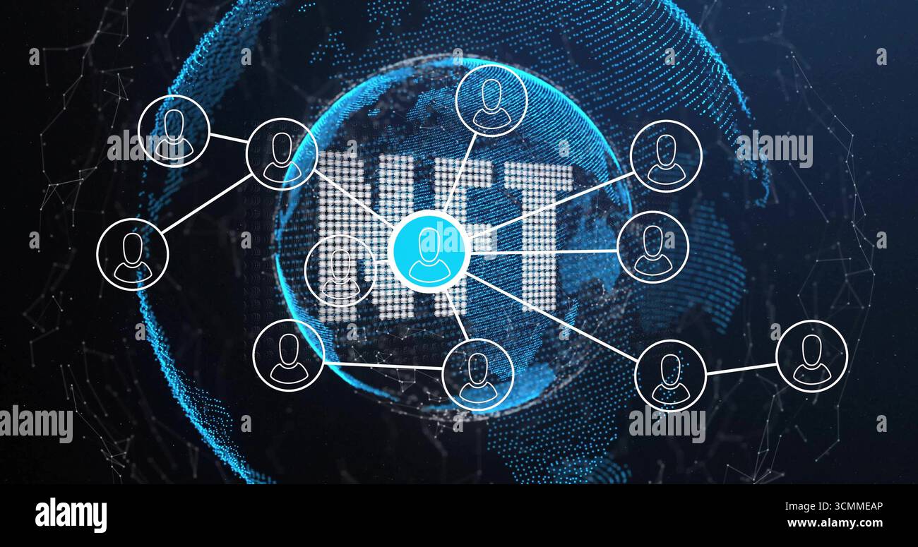 Projecting white dot-matrix IOT letters over dark virtual network, with stylized globe and avatars Stock Photo